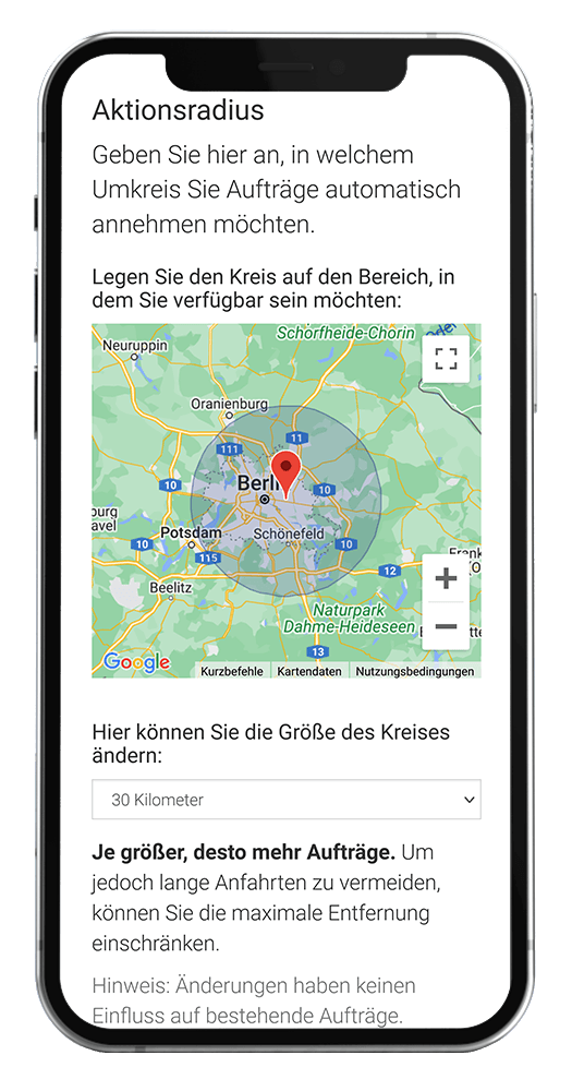 Screenshot mit Aktionsradius